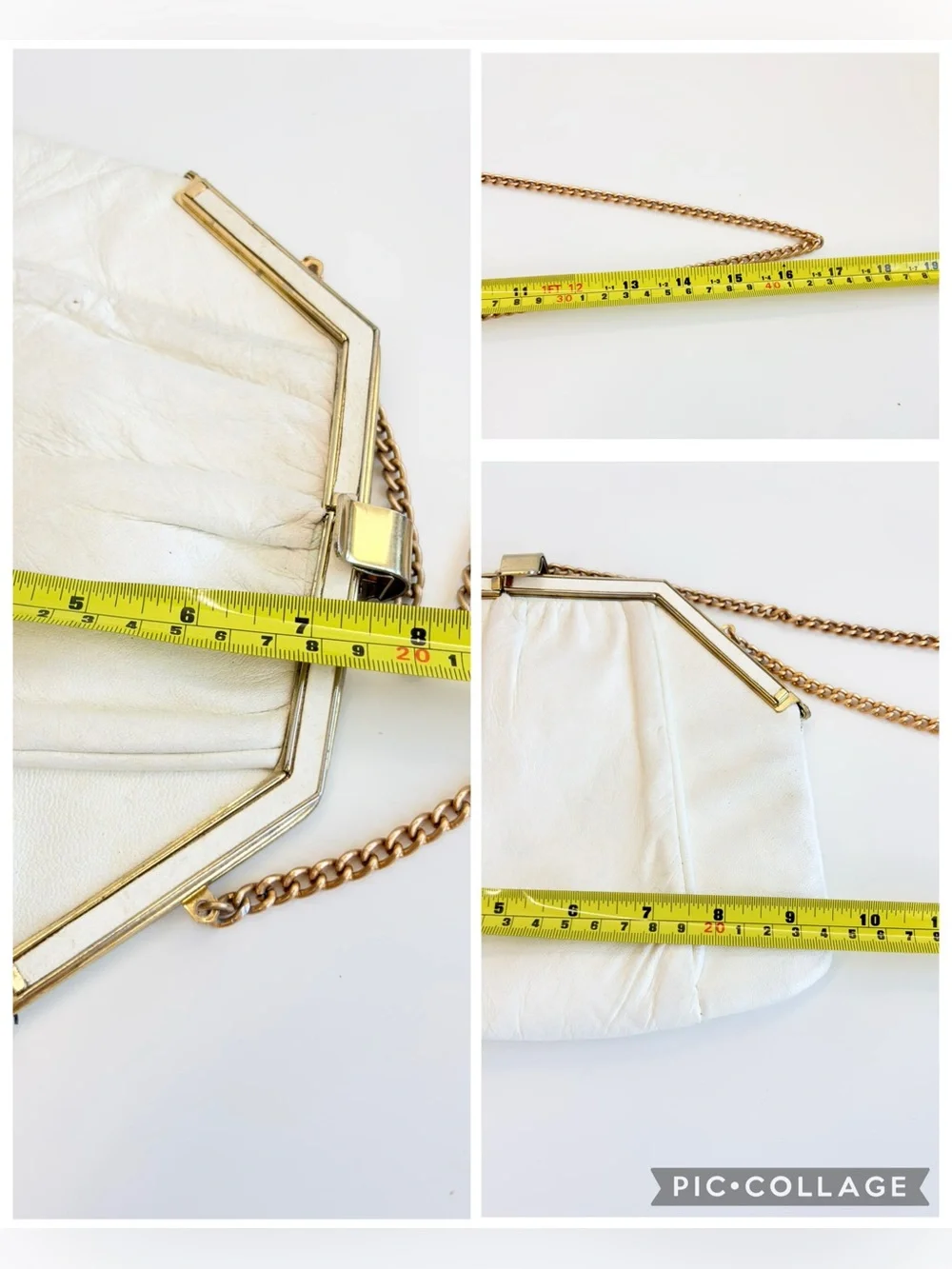 Mid-century White Genuine leather Diamond Shape Hinge Frame Two-Way Bag Vintage